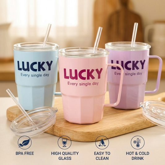 Lucky Glass Sipper Mug with Handle & Straw