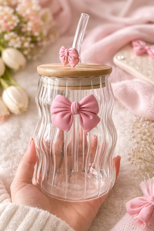 Stylish Bow Glass Mug For Outdoor & Offices