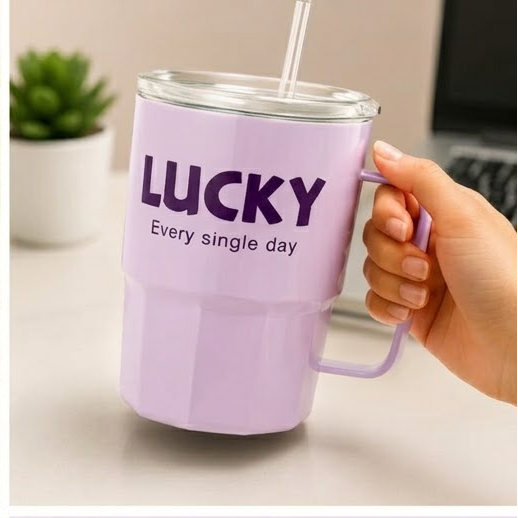 Lucky Glass Sipper Mug with Handle & Straw